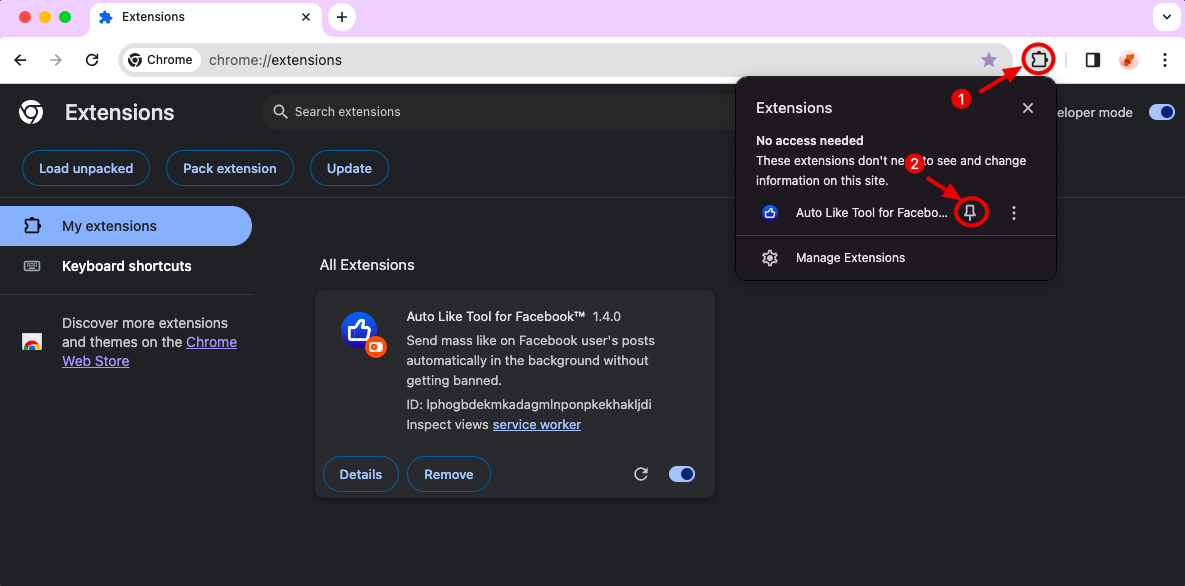 Facebook Auto Liker chrome extension install pin